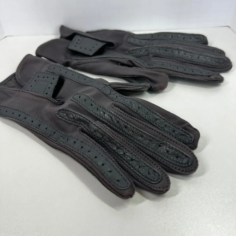 Isotoner by Aris Vintage Gray Driving Gloves Leather Trim Spandex Woman's Medium - Picture 2 of 5